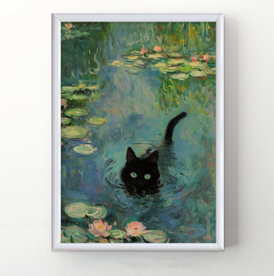 Cat Bathing in a Pond of Water Lilies