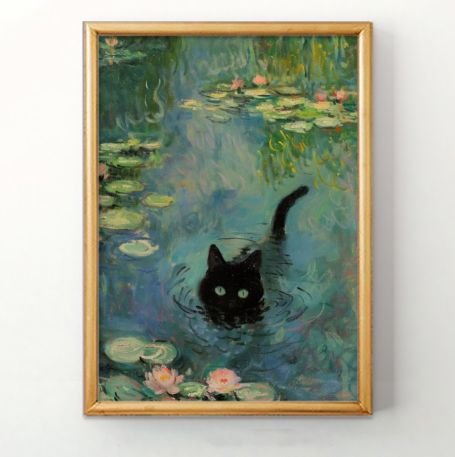 Cat Bathing in a Pond of Water Lilies