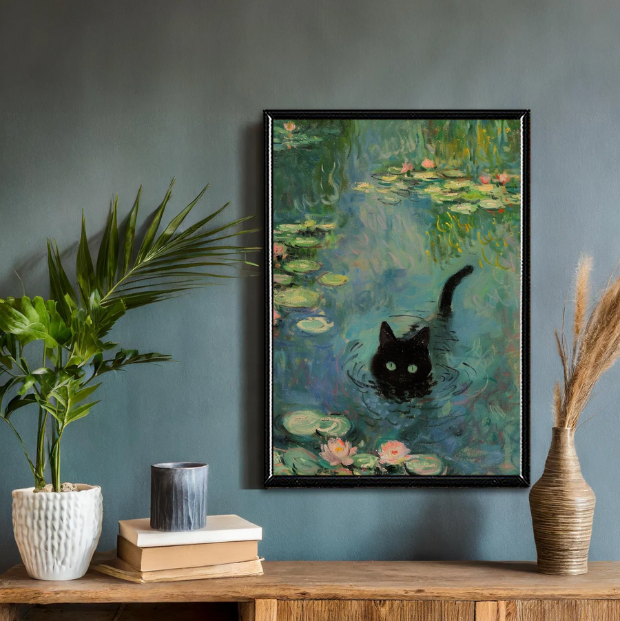 Cat Bathing in a Pond of Water Lilies