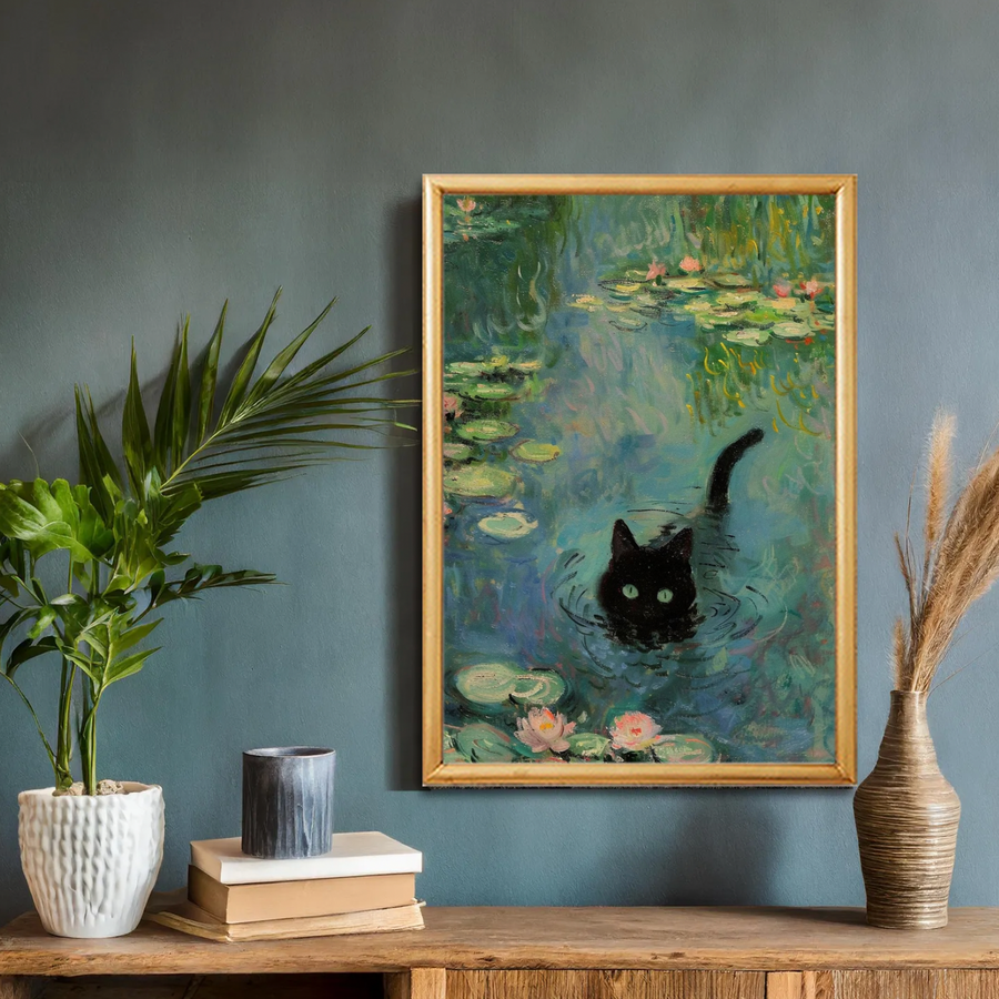 Cat Bathing in a Pond of Water Lilies
