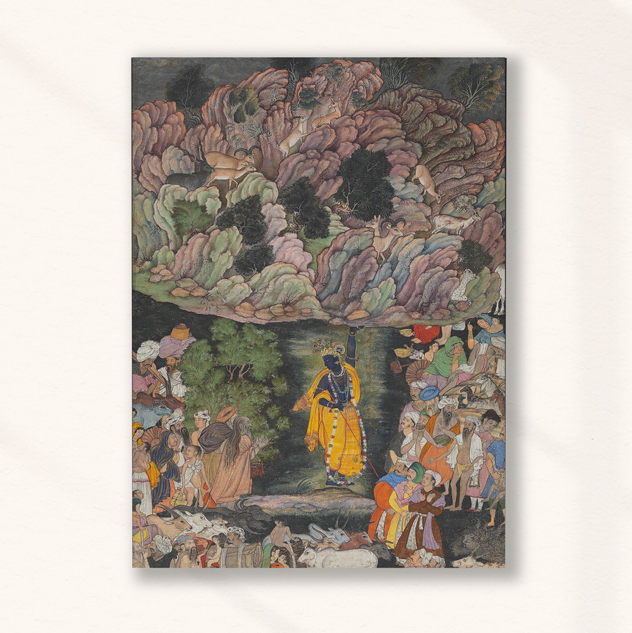 Krishna sostiene el Monte Govardhan de Braj Harivamsa (1590)