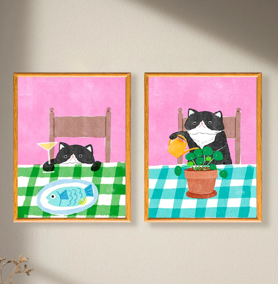 Set Gatos Comedor Estilo Risografía
