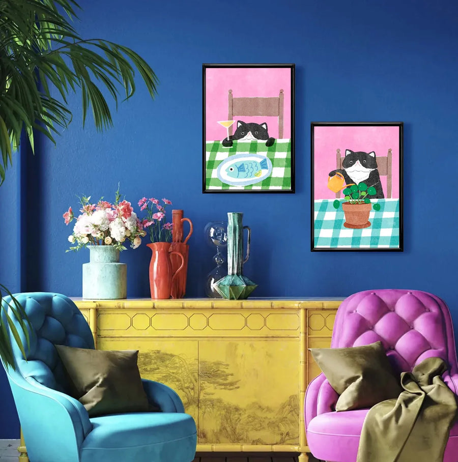 Set Gatos Comedor Estilo Risografía