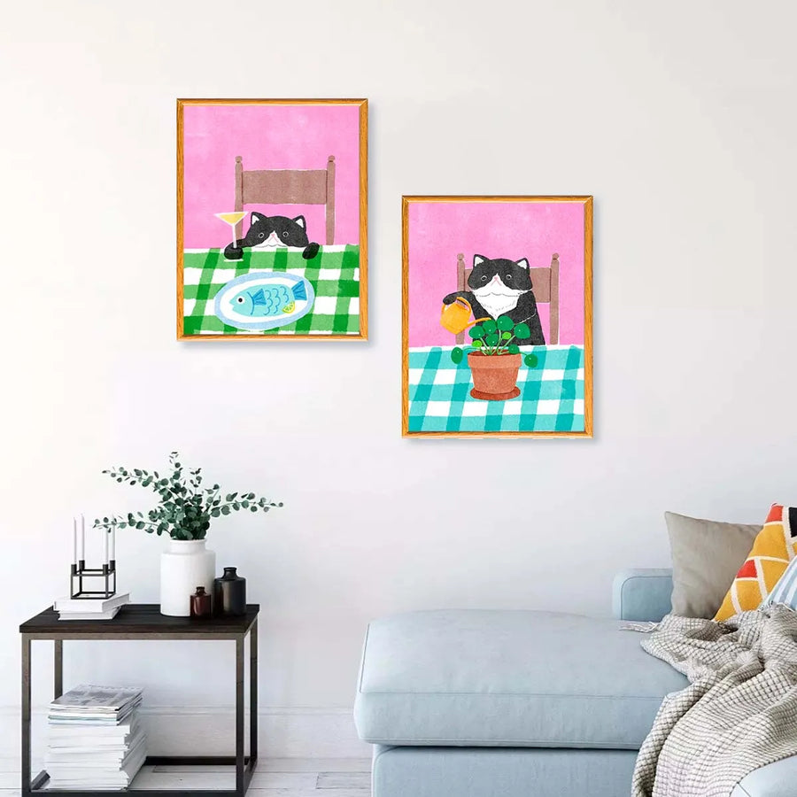 Set Gatos Comedor Estilo Risografía