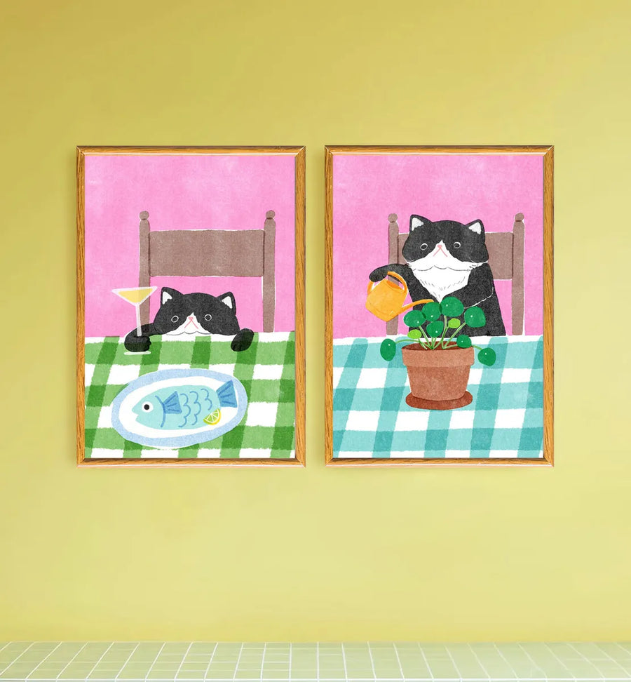 Set Gatos Comedor Estilo Risografía