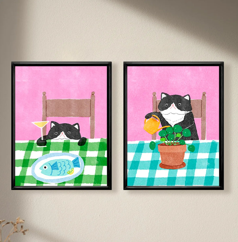 Set Gatos Comedor Estilo Risografía