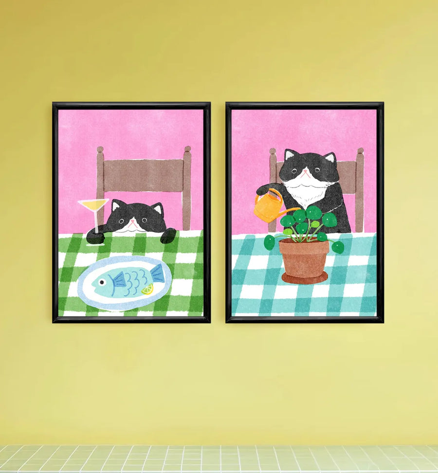 Set Gatos Comedor Estilo Risografía