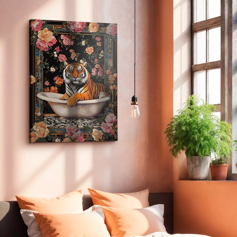 Tigre Romantico Floral en bañera