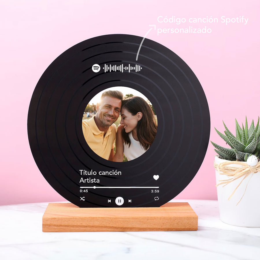 Disco Vinilo Spotify Acrílico con Base de Madera