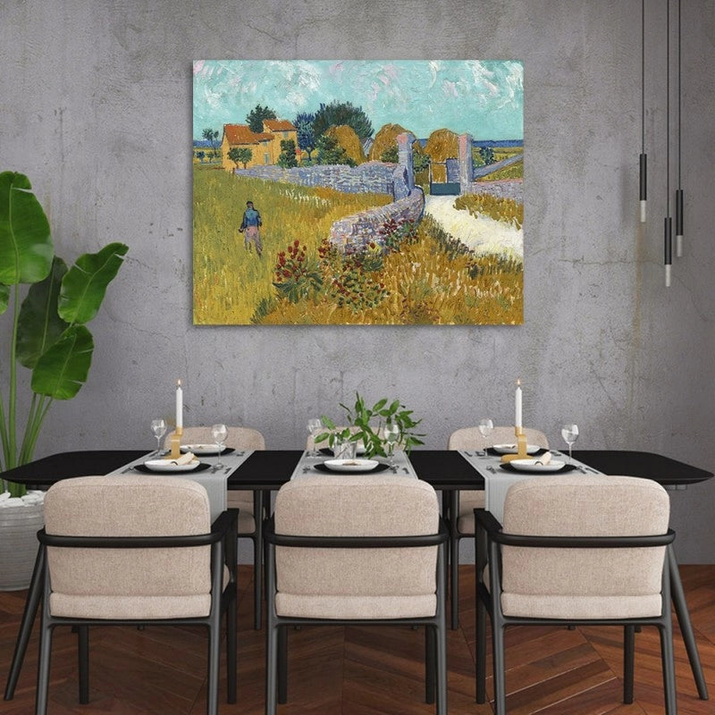 Cuadro decorativo canvas casa de campo de van gogh colgado en comedor.