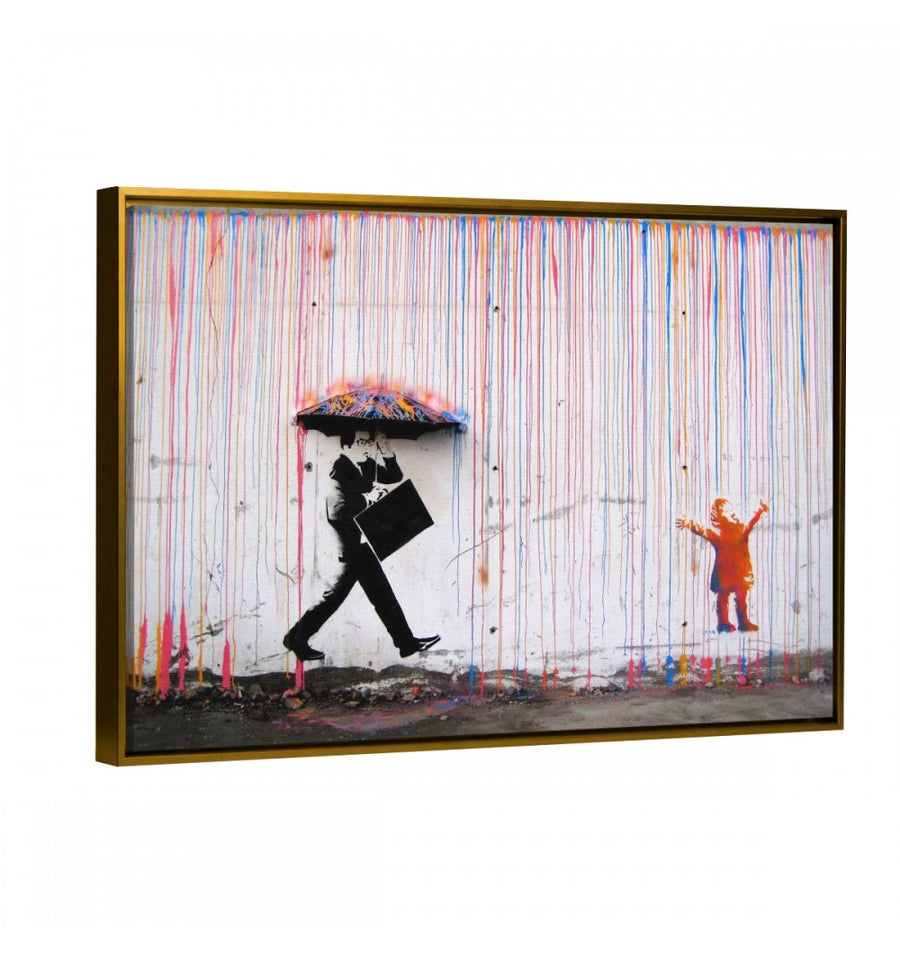 cuadro decorativo color rain Banksy con marco flotante oro dorado