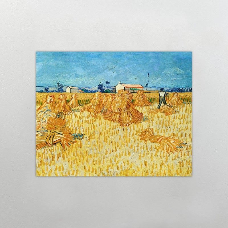 Cuadro canvas cosecha de van gogh, arte famoso cuadro para sala en una pared gris