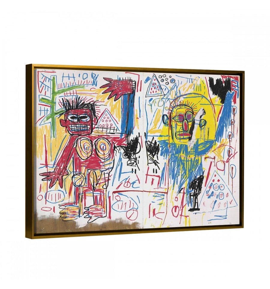 cuadro decorativo de basquiat díptico con moldura oro