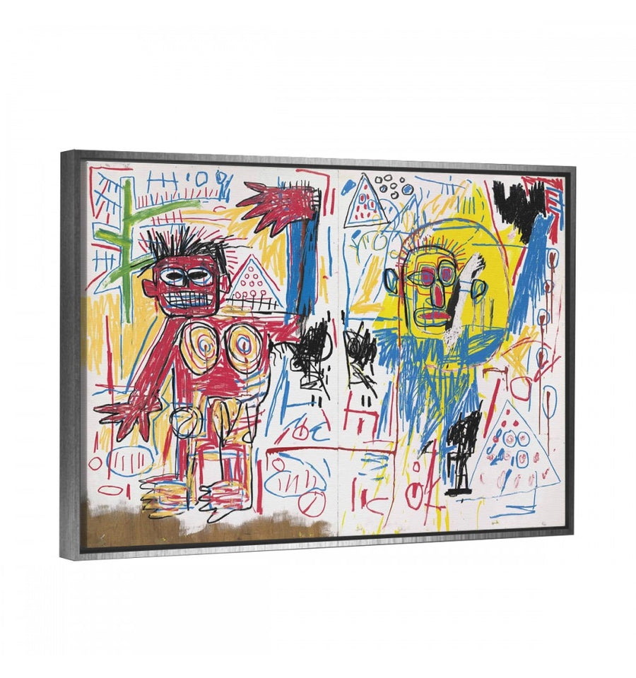 cuadro decorativo de basquiat díptico con marco flotante plata moderno