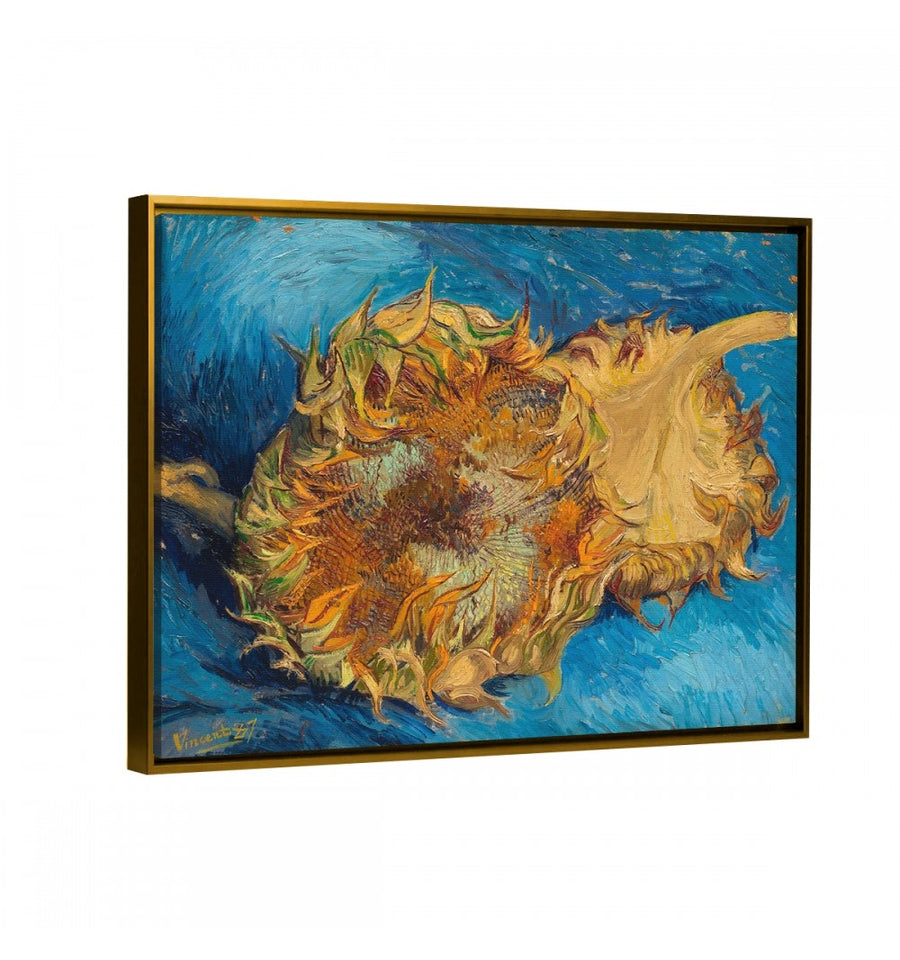 Cuadro de van gogh girasoles fondo azul enmarcado oro