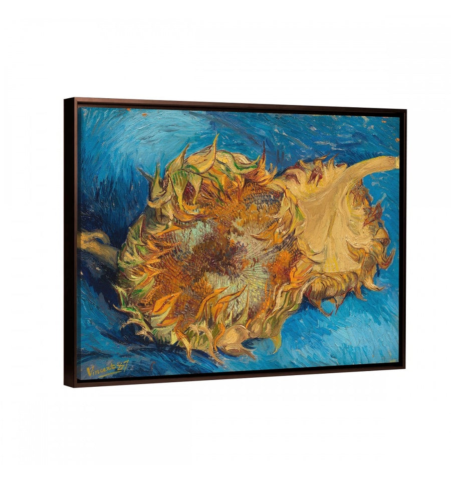 Cuadro de van gogh girasoles fondo azul enmarcado chocolate