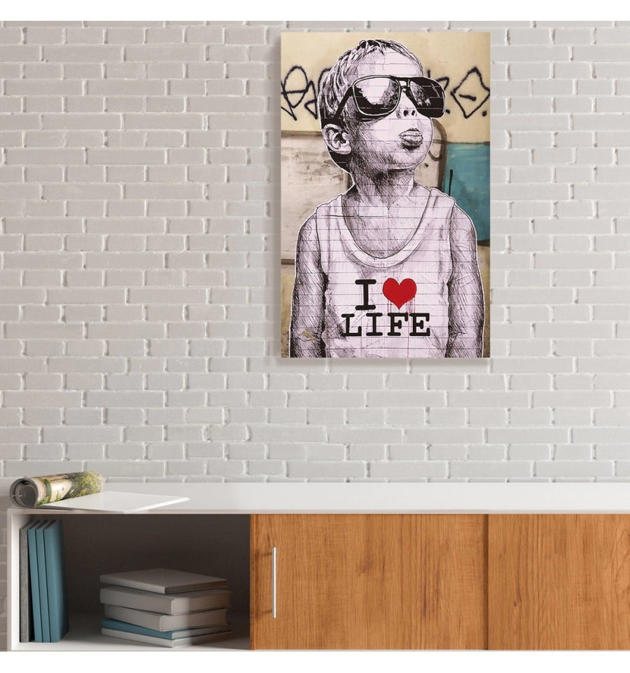 i love life de Banksy cuadro decorando la sala