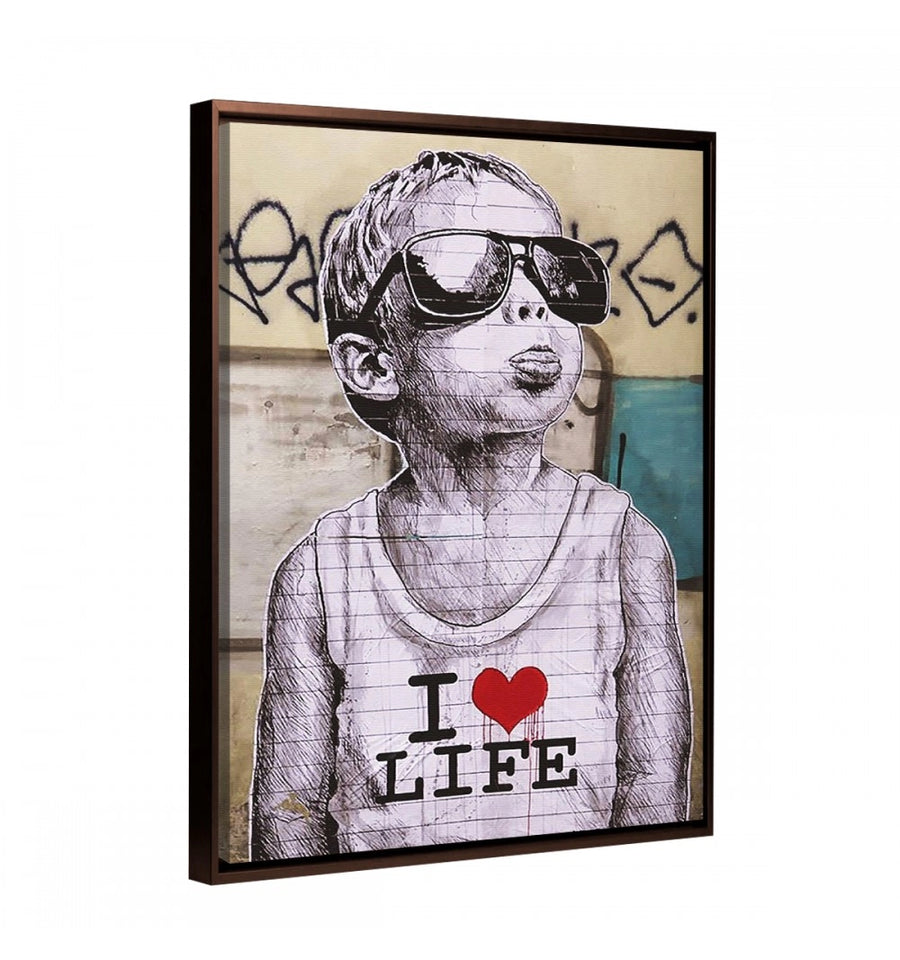 cuadro decorativo i love life de Banksy con marco flotante