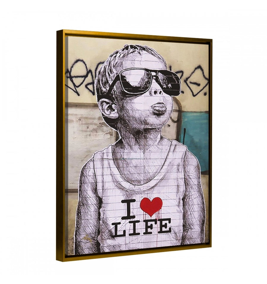 cuadro decorativo i love life de Banksy con marco 