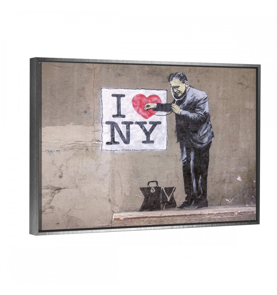 cuadro Banksy I love NY con marco flotante plata