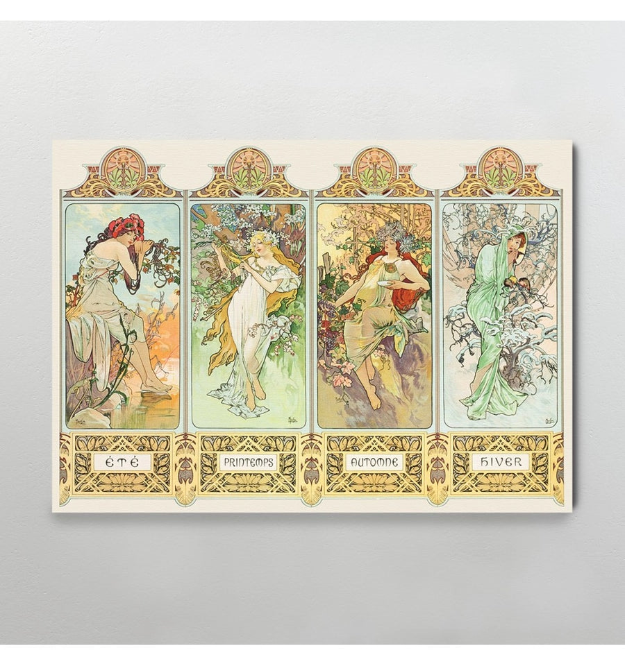 Las 4 estaciones - Alphonse Mucha en pared gris