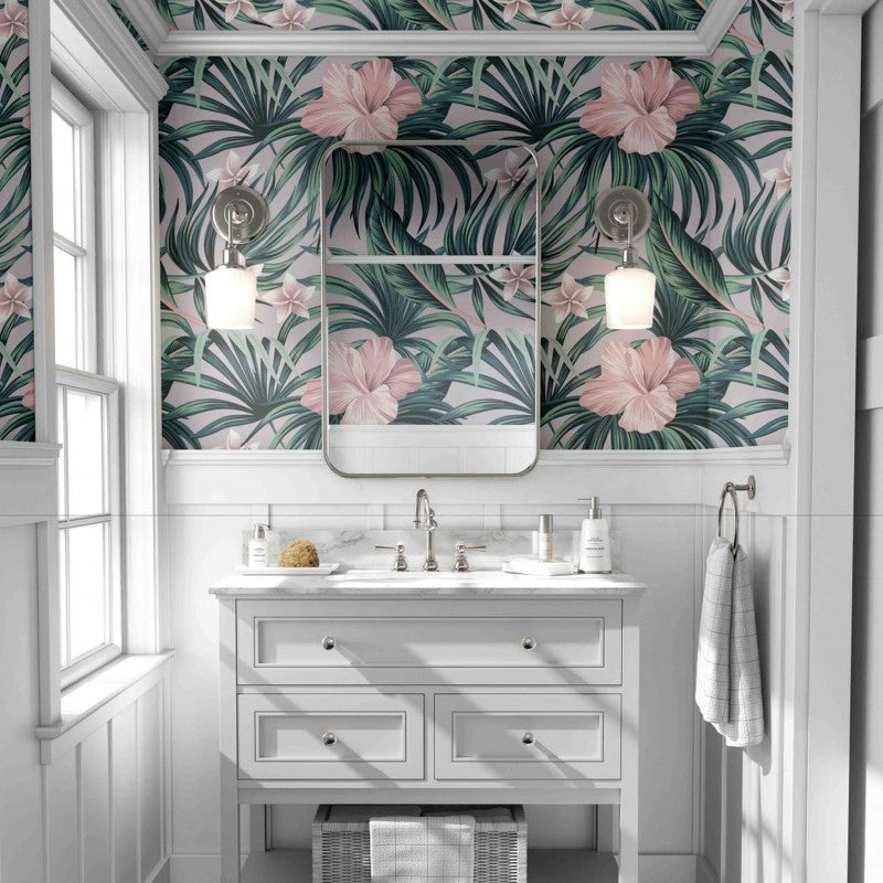 Papel tapiz tropical plantas y flores para baño