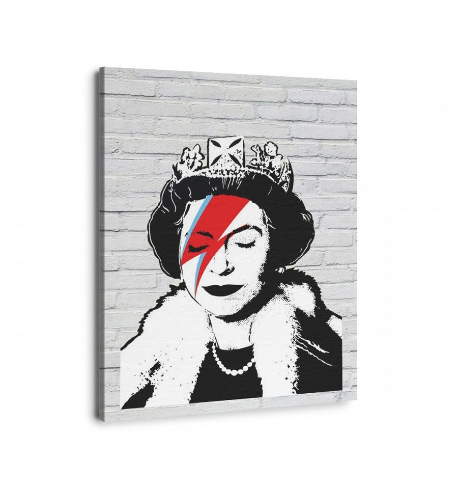 Cuadro reina Elizabeth con rayo de David Bowie obra de Banksy 