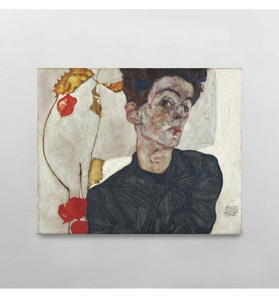 Self Portrait with Chinese Lantern Plant - Egon Schiele