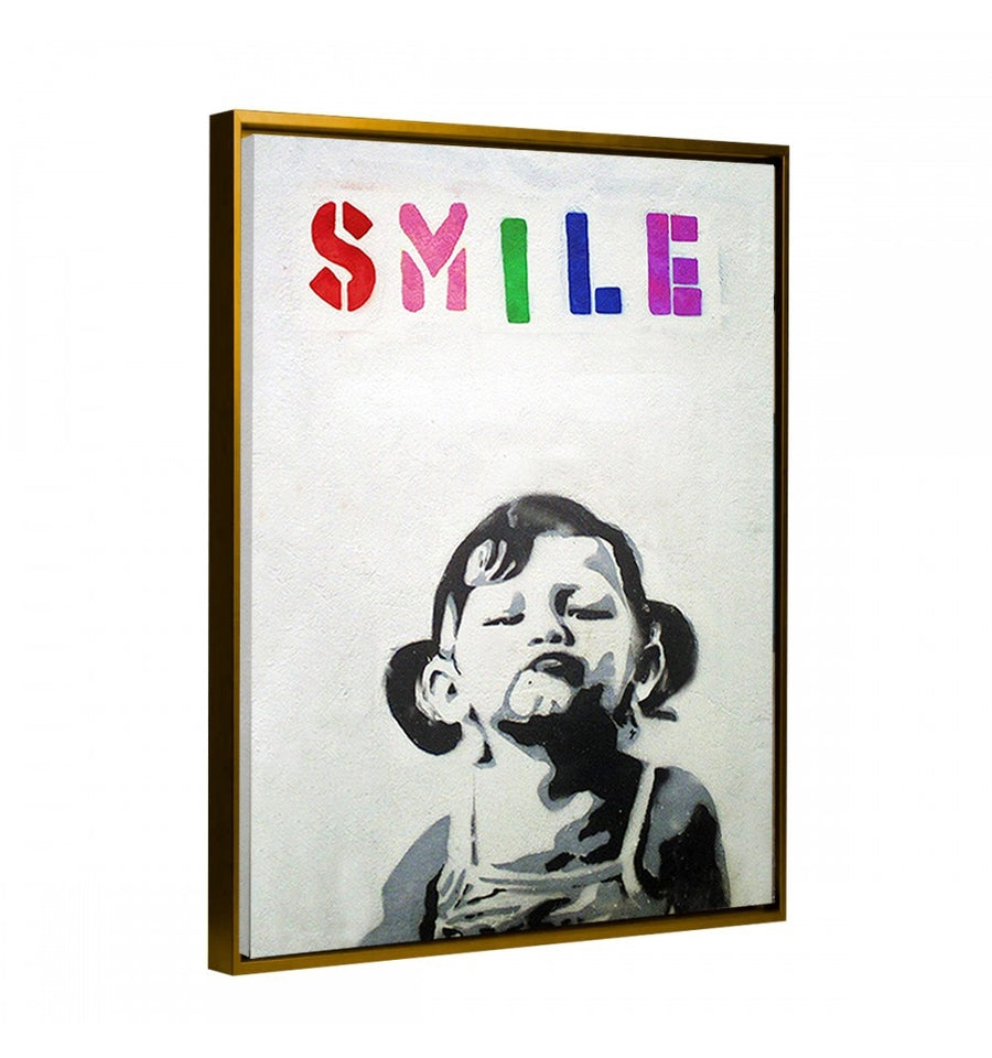 Cuadro decorativo smile de Banksy con marco flotante oro